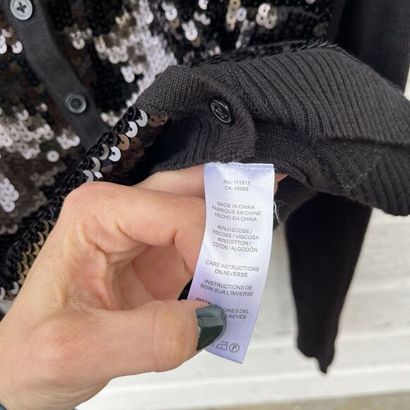 MICHAEL KORS Cotton Blend Knit Long Sleeve Black Sequin Button Up Cardigan- M - Picture 5 of 8